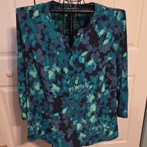 Elegant Floral Women's Blouse in Blue and Green/ 1X/ By CATHERINES